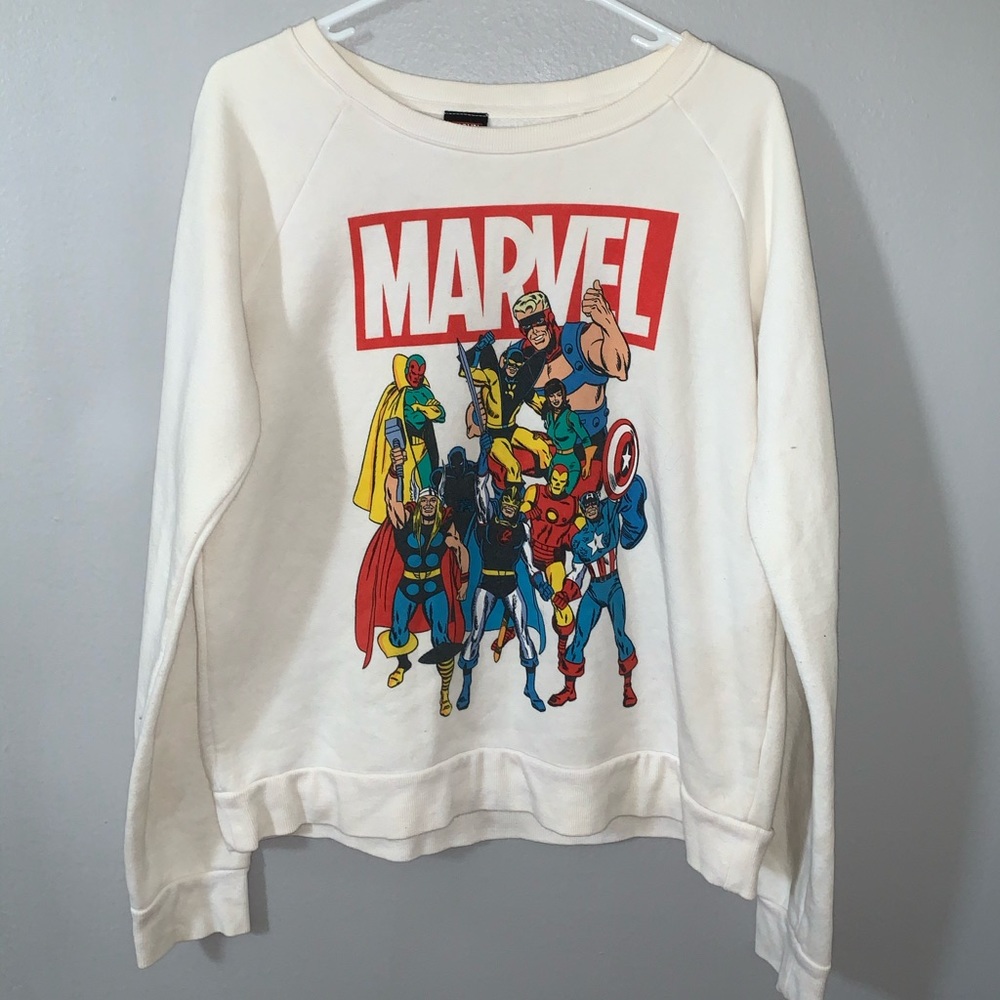 White crew neck with marvel heroes